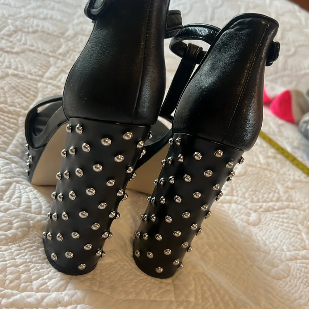 Rebecca Minkoff Black Leather Studded Platform T-Strap Sandals Heels